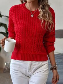 Knit Mix Cable Knit Drop Shoulder Sweater - Red - View 4
