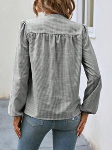 SHEIN LUNE Striped Print Half Button Lantern Sleeve Blouse