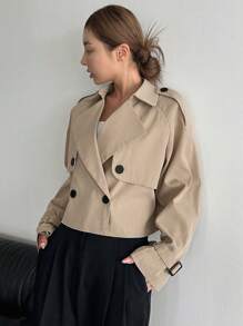 DAZY Áo khoác trench coat ngắn hai hàng khuy trơn màu phong cách công sở thường ngày, trang phục mùa thu, trang phục trở lại trường học cho nữ - Màu Khaki - Xem 2