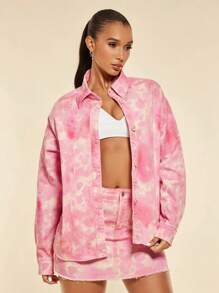 SHEIN BAE 1入組紮染落肩袖牛仔襯衫