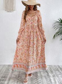 SHEIN VCAY Floral Print Sweetheart Neck Dress - Coral Orange - View 5