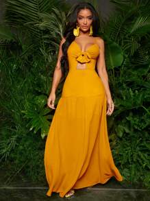 SHEIN SXY 素色前打結鏤空吊帶洋裝 - 芥末黃 - 查看 5