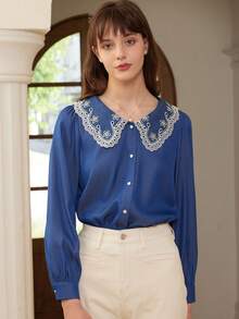 Simple Retro Contrast Lace Peter Pan Collar Button Front Shirt - Blue - View 8