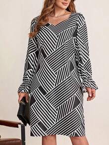 EMERY ROSE 大碼條紋印花喇叭袖連衣裙 - 黑與白 - 查看 4