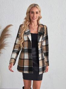 SHEIN Clasi 格紋印花西裝領西裝外套 - 棕色 - 查看 5