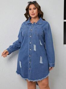 SHEIN ICON 大碼破洞毛邊緣高低下擺牛仔洋裝 - 中等水洗藍 - 查看 5