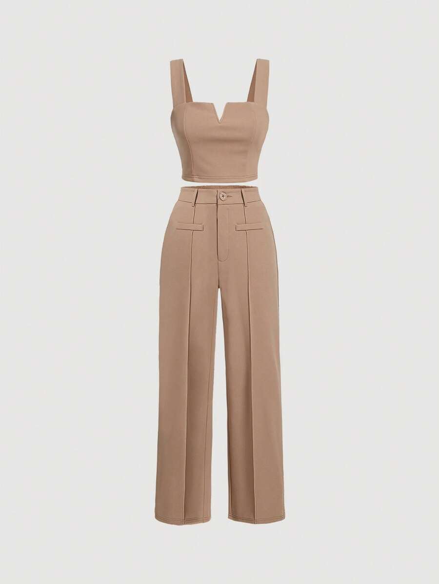 SHEIN MOD Notched Neckline Crop Tank Top & Wide Leg Pants - Khaki - View 1