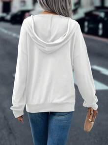 SHEIN LUNE Túi kangaroo Thả vai Dây rút Hoodie - trắng - Xem 2