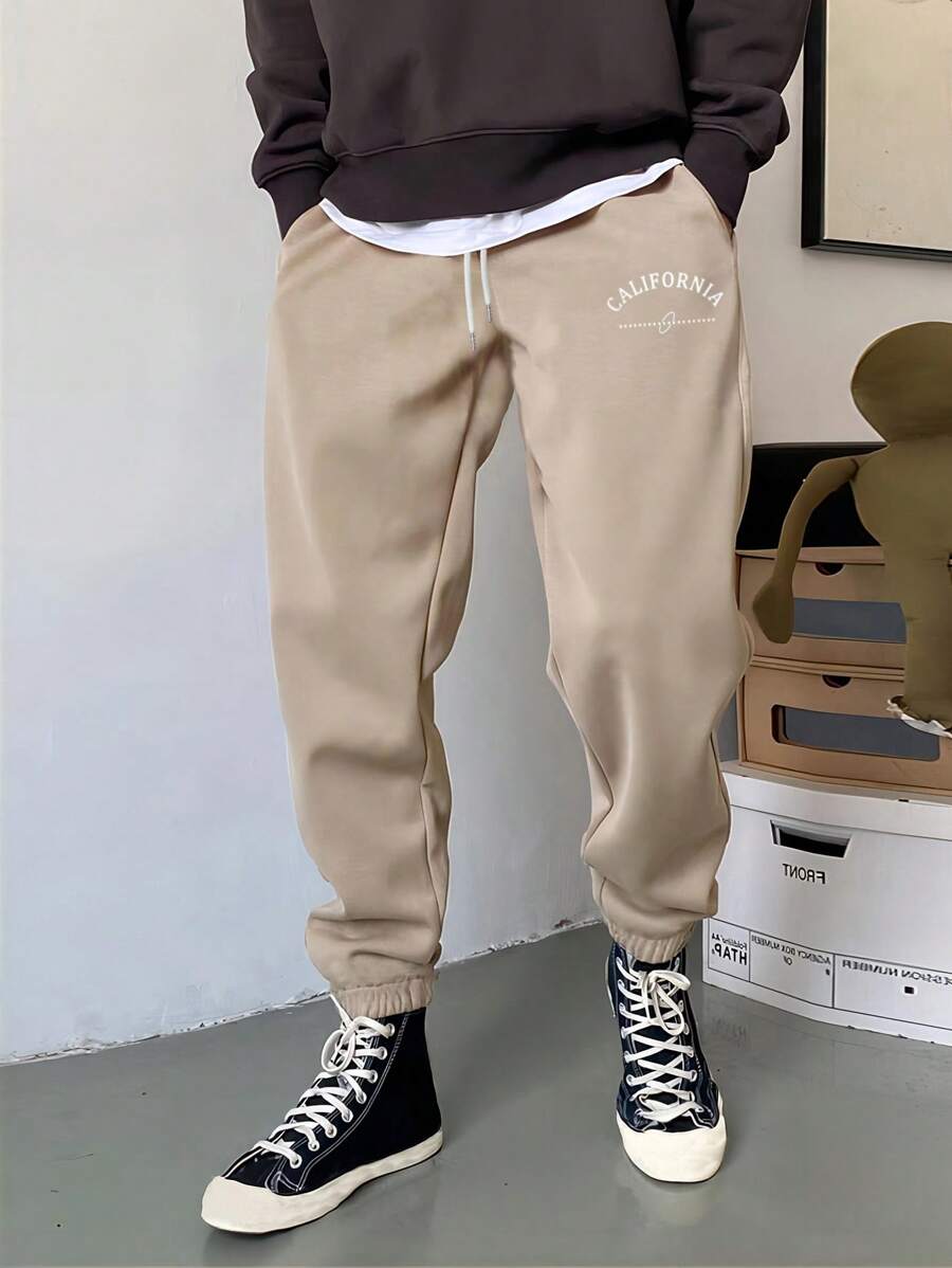 Manfinity Hypemode 男士字母圖案腰部抽繩衛褲 - 卡其色 - 查看 1