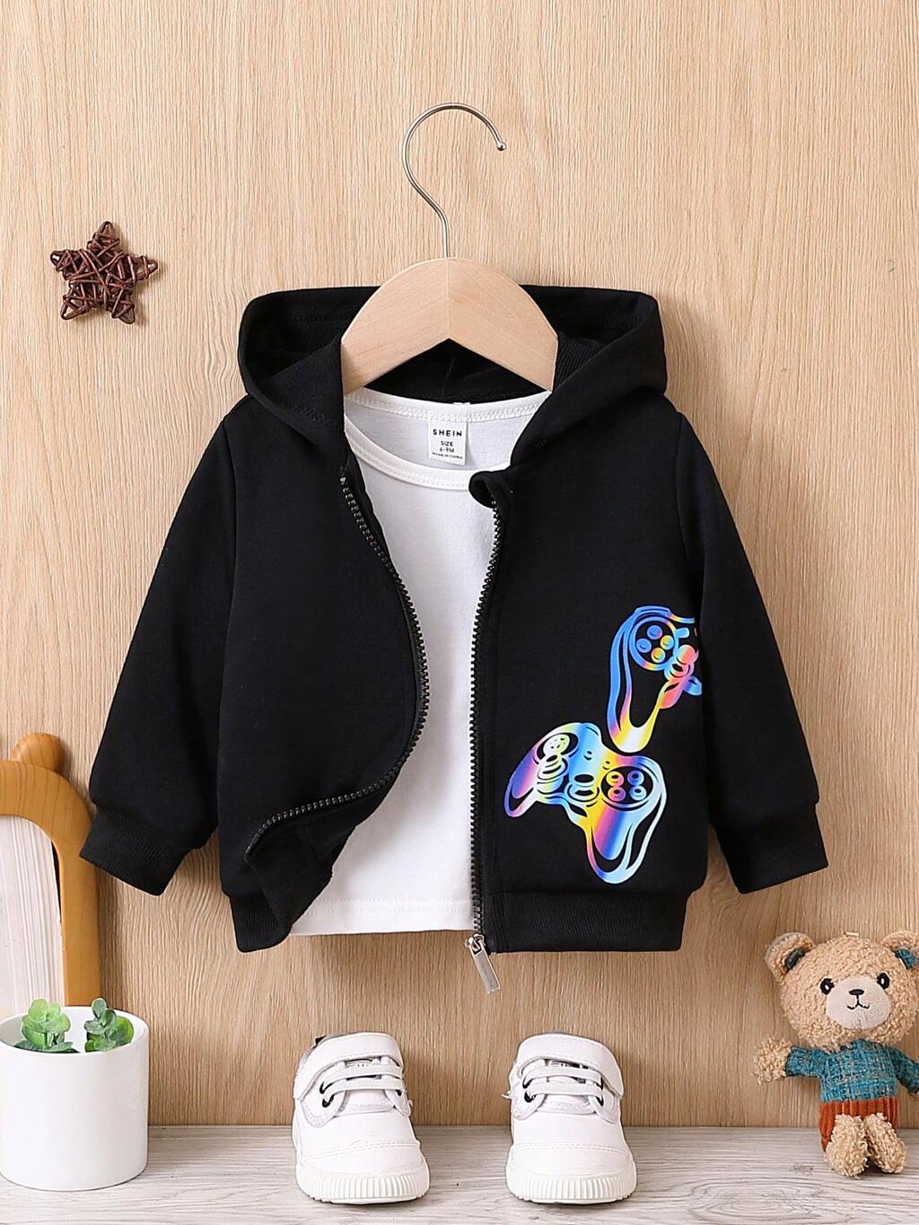 Baby Girl Gamepad Print Zip Up Hooded Coat Without Tee