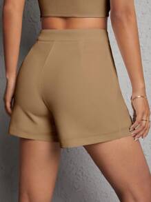 SHEIN PETITE 純色摺疊百褶短褲，小碼女款 - 駝色 - 查看 2