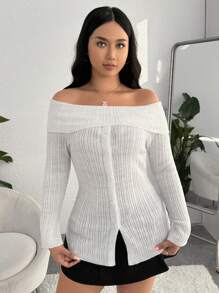 SHEIN MOD Jersey con hombros descubiertos y botones delanteros con dobladillo dividido - Blanco - Ver 4