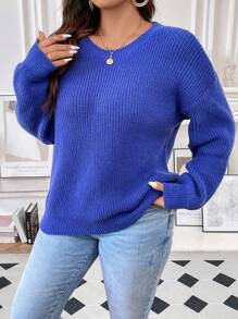 Vionelle 加大码落肩针织套头衫，适合秋冬季节穿着 - 藍色 - 查看 2