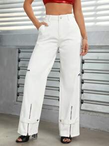 SHEIN ICON 高腰拉鏈門襟直筒牛仔褲 - 白色 - 查看 1
