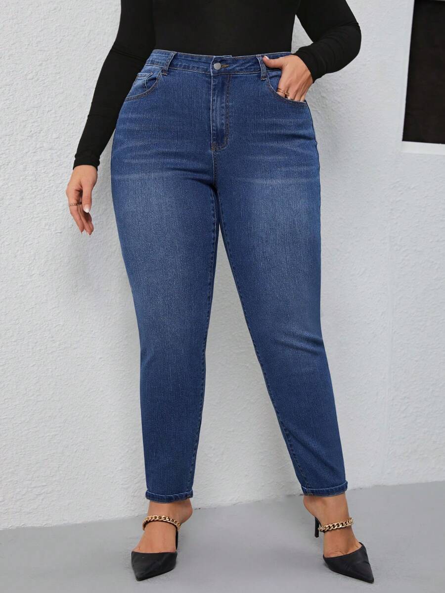 SHEIN Frenchy Hơn Túi nghiêng Quần jean ôm - Rửa trung bình - Xem 1