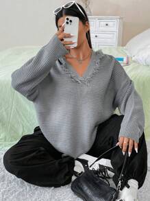 Flirla Plus Drop Shoulder Hooded Sweater Knit Pullover Fall Winter Sweater - Light Grey - View 4