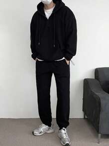 DAZY Men Drop Shoulder Drawstring Hoodie & Sweatpants Without Tee - Black - View 3