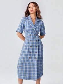 SHEINNeu Plaid Double Breasted Lapel Neck Dress - Multicolor - View 1
