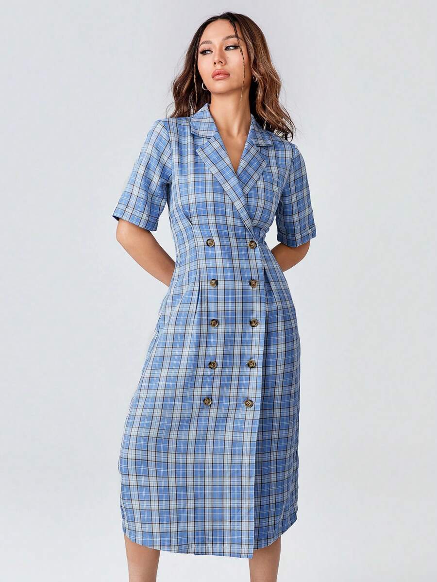 SHEINNeu Plaid Double Breasted Lapel Neck Dress - Multicolor - View 1