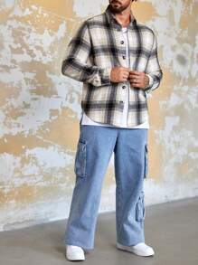 Mainfolk Loose Fit Men Plaid Print Button Front Overcoat, For Fall Winter - Multicolor - View 3