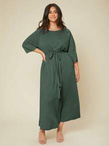 Mulvari Plus Solid Raglan Sleeve Belted Dress - Dark Green - View 3