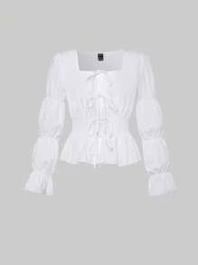 SHEIN Unity Blusa peplum de cuello cuadrado con nudo delantero - Blanco - Ver 4
