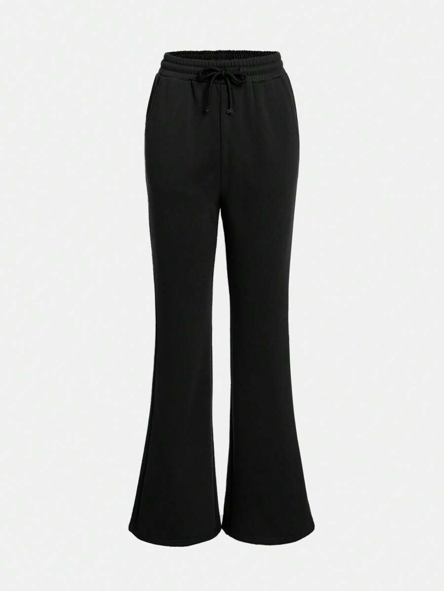 SHEIN Chica adolescente Pantalones deportivos de cintura con cordón pierna amplia - Negro - Ver 1