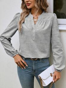 SHEIN LUNE Striped Print Half Button Lantern Sleeve Blouse