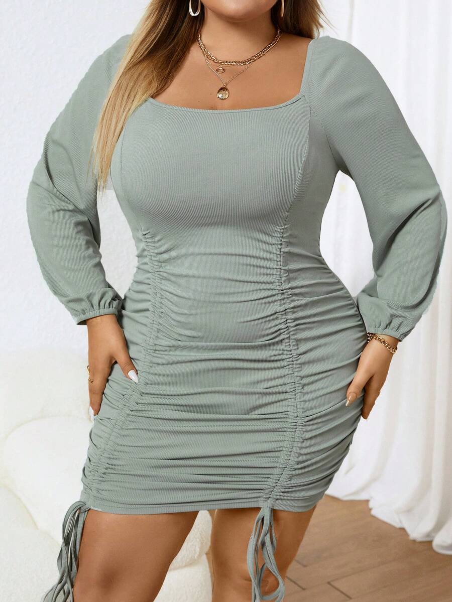 Celure Plus Drawstring Front Lantern Sleeve Ruched Bodycon Dress - Mint Green - View 1
