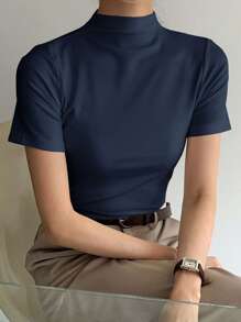 DAZY 素色小高領T恤 - 藏蓝色 - 查看 1
