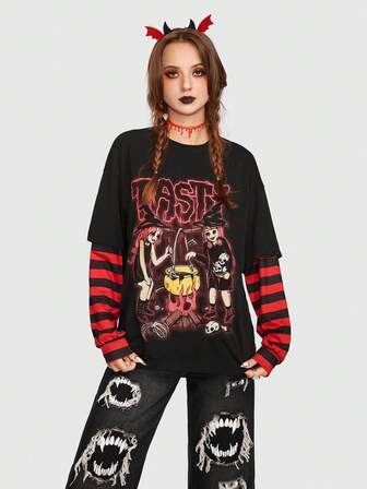 Goth Striped & Cartoon Graphic 2 In 1 Tee