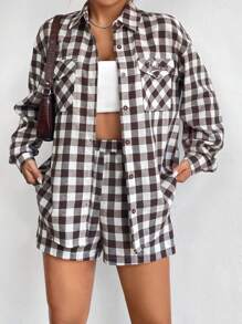 Flirla Gingham Print Blouse & Shorts - Brown - View 4
