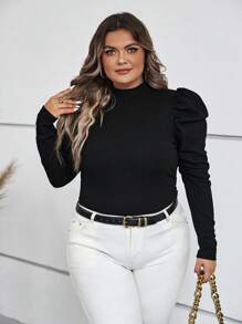 SHEIN Clasi 大碼小高領羊腿袖T恤 - 黑色 - 查看 1