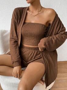 SHEIN LUNE Solid Tube Top & Shorts & Coat - Coffee Brown - View 4