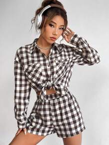 Flirla Gingham Print Blouse & Shorts - Brown - View 1
