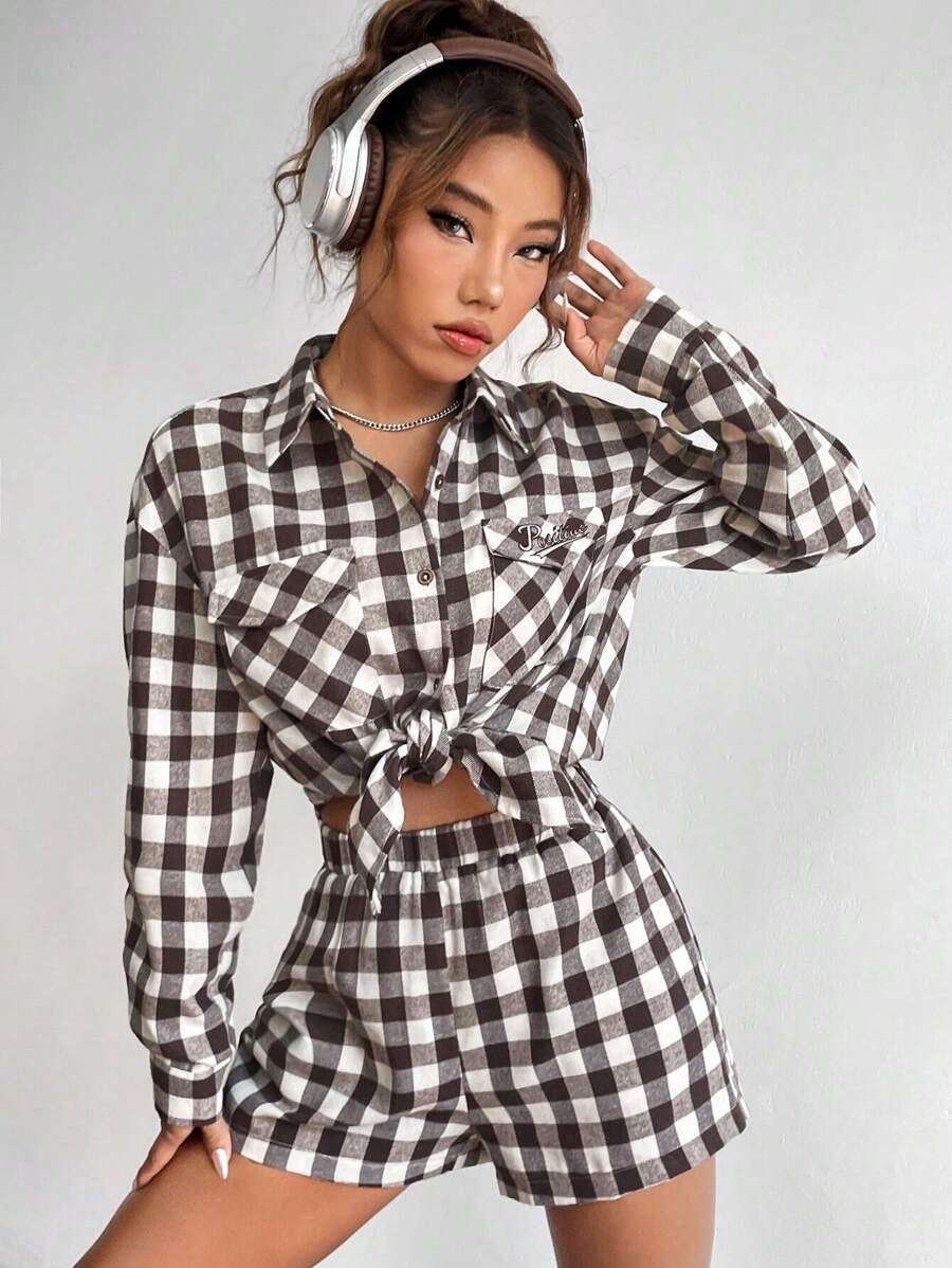 Flirla Gingham Print Blouse & Shorts - Brown - View 1