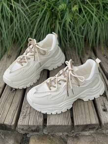 Zapatos Deportivos Beige Para Mujeres Con Suelas Gruesas, Estilo De Zapatos Toscos - Beis - Ver 3