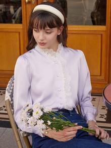 Simple Retro Contrast Lace Button Front Shirt - Mauve Purple - View 2