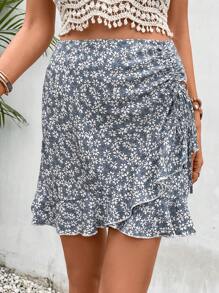 SHEIN Frenchy 小碎花側抽繩荷葉邊半身裙 - 藍色 - 查看 5