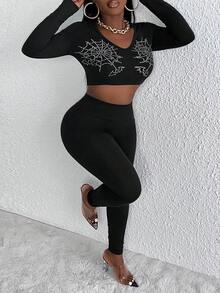 Slaydiva 水鑽蜘蛛網圖案短款T恤&緊身打底褲 - 黑色 - 查看 5