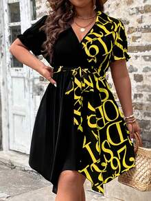 Plus Letter Graphic Asymmetrical Hem Belted Dress - Multicolor - View 4