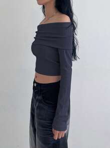 DAZY 露肩短款T恤节日长袖女式上衣 - 藏蓝色 - 查看 3