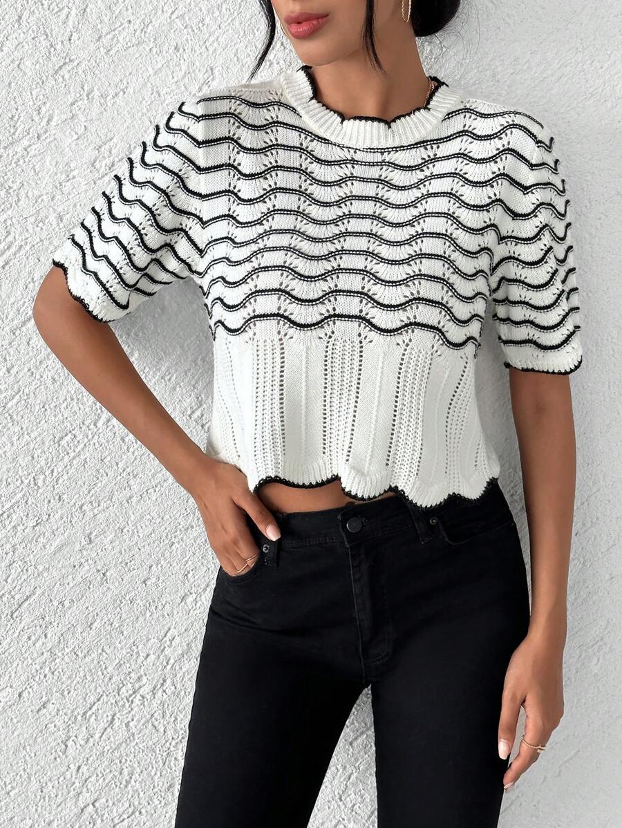 Wave Pattern Scallop Trim Crop Knit Top - White - View 1
