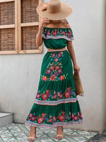 SHEIN VCAY In hoa Off Shoulder Viền Ruffle Áo và Váy - màu xanh lá - Xem 3
