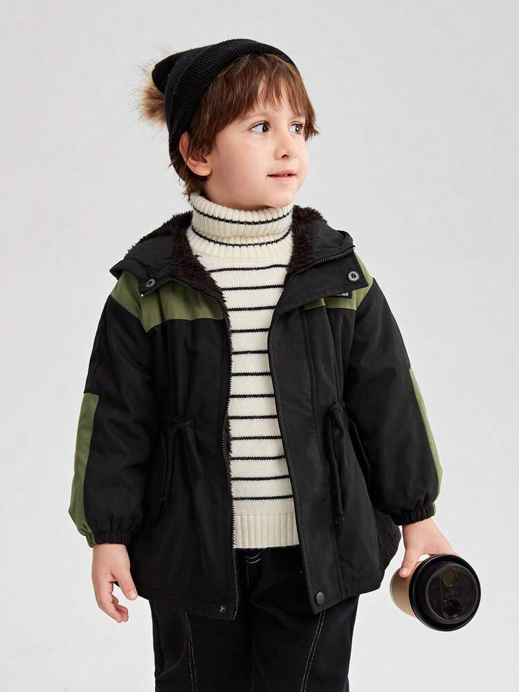 Young Boy Letter Patched Drawstring Waist Teddy Lined Hooded Coat