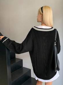 DAZY Striped Trim Drop Shoulder Cable Knit Sweater Without Tee - Black - View 2