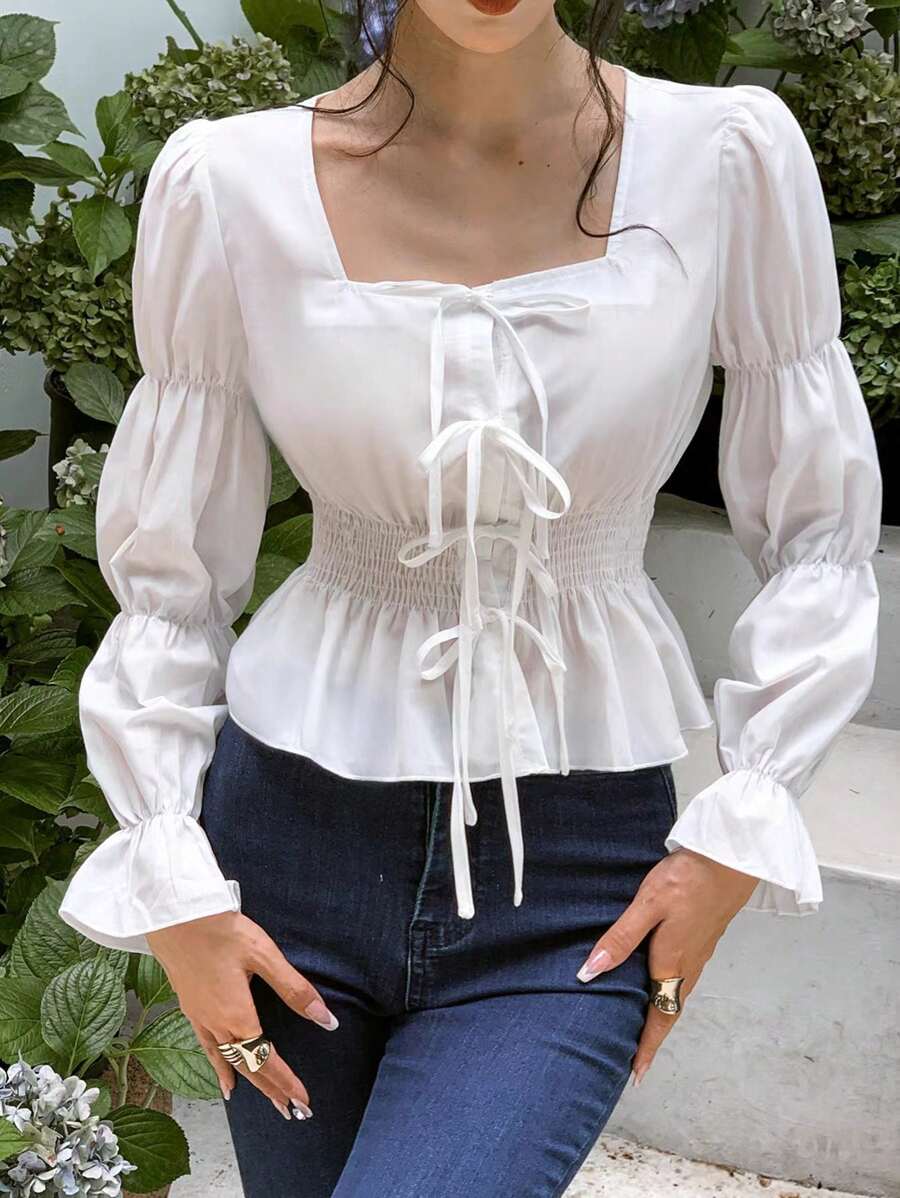 SHEIN Unity Blusa peplum de cuello cuadrado con nudo delantero - Blanco - Ver 1