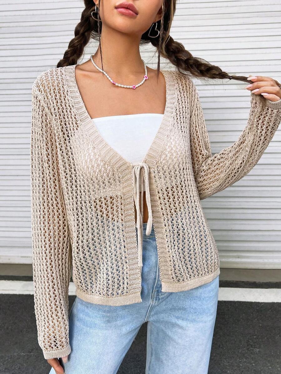 SHEIN EZwear Tie Trước Đan Mở Áo len Mở Không có áo Top Cami - Màu be - Xem 1