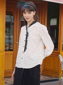 Simple Retro Polka Dot Print Eyelash Lace Trim Blouse - White - View 3