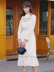 Simple Retro Polka Dot Print Ruffle Trim Dress - White - View 4